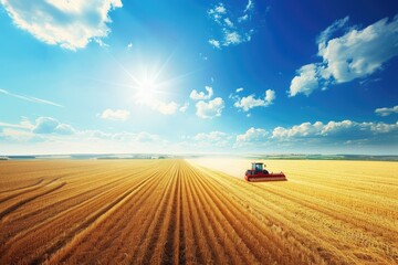 Obraz premium A vibrant red tractor plowing a golden wheat field under a clear blue sky