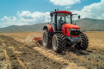 A vibrant red tractor working tirelessly in a sprawling golden wheat field under a clear blue sky