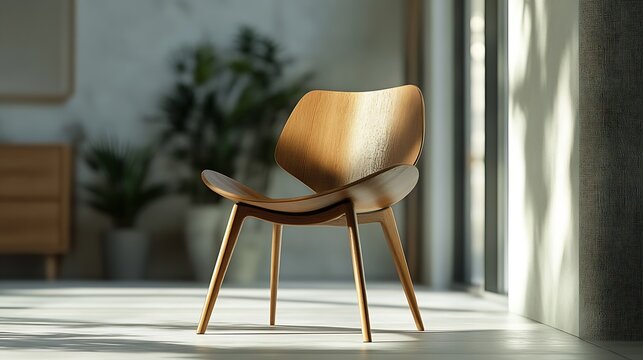 Digital 3D model of stylish wooden chair for carpentry project displayed on laptop computer screen Holographic virtual display of professional ai software for furniture design creation : Generative AI