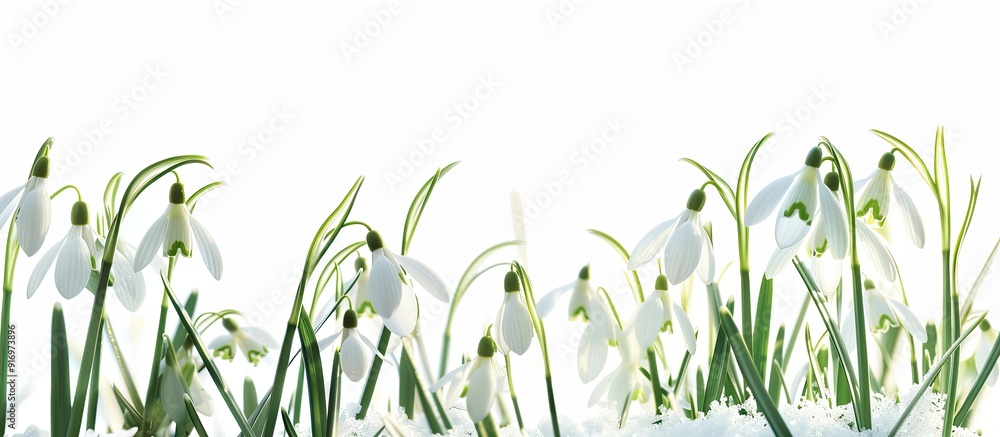 Poster a tranquil scene featuring delicate snowdrops against a pristine white backdrop perfect for postcard