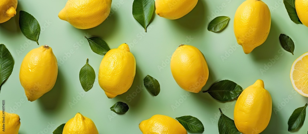 Poster top view of a vegan and vegetarian diet concept with a food pattern featuring lemons on a green pape