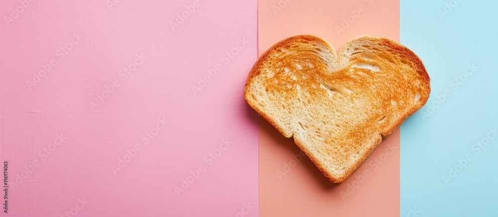Aufkleber Top view of heart shaped cut toast on a two tone background with space for additional images