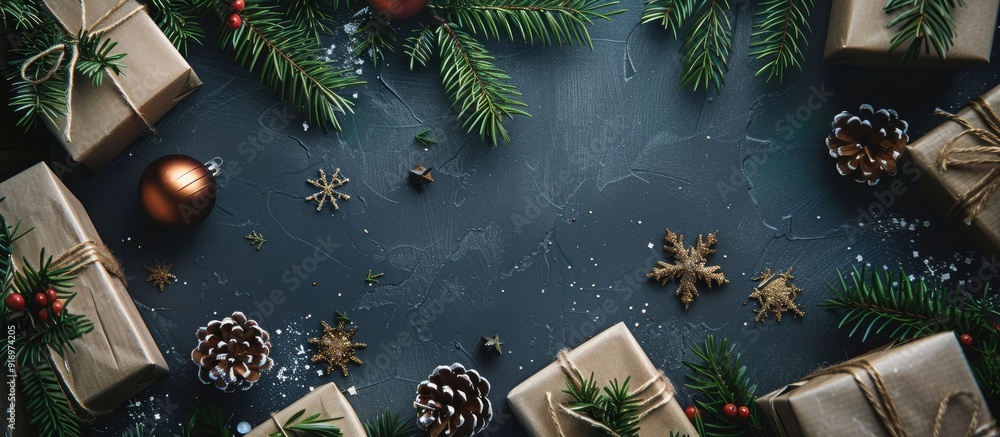 Poster festive christmas decor featuring fir branches gift boxes creating a charming holiday backdrop suita