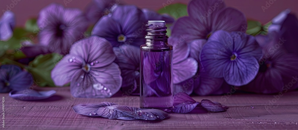 Poster violet flowers and a vial of essential oil create a serene spa ambiance in the background ideal for 