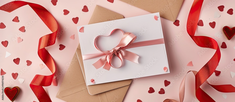 Aufkleber Simple card mockup featuring ribbons heart shaped box and a craft envelope displayed with a flat lay perspective in a top view copy space image