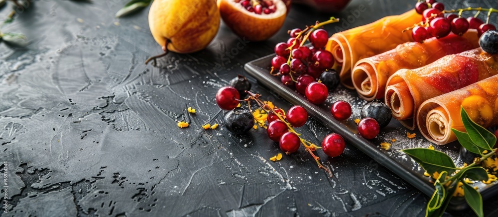Aufkleber Gray table displaying tasty fruit leather rolls in a flat lay presentation with an open area for adding text within the image. Creative banner. Copyspace image