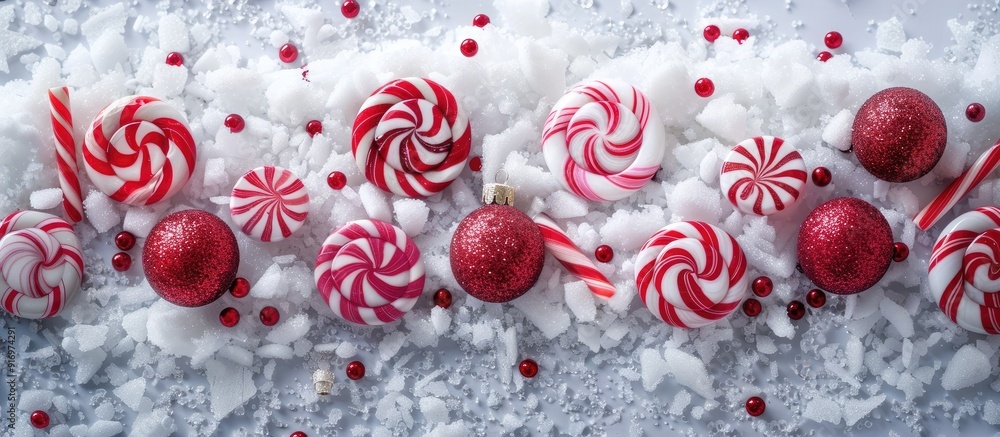 Aufkleber creative holiday concept with christmas candy arranged on snow in a flat lay style with copy space i