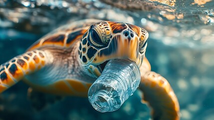Plastic pollution problem Sea Turtle eats plastic bottle : Generative AI