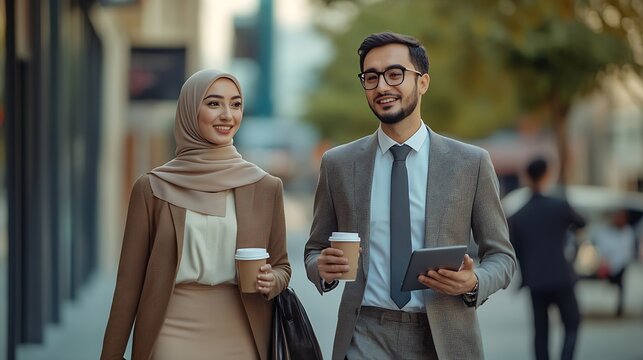 Young business muslim woman and business man colleague walking and discussing outside the office Woman is holding a coffee and businessman is holding a digital tablet outdoor : Generative AI