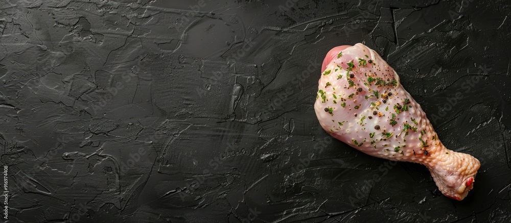 Aufkleber raw chicken leg thigh fillet seasoned for cooking displayed on a black background from above with sp