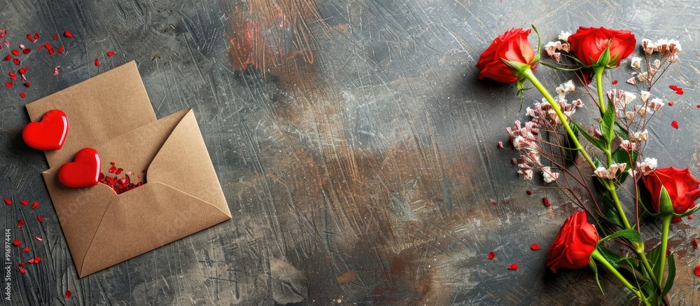 Leinwandbilder valentine s day card mockup with envelope red heart and flowers on a paper background for copy space
