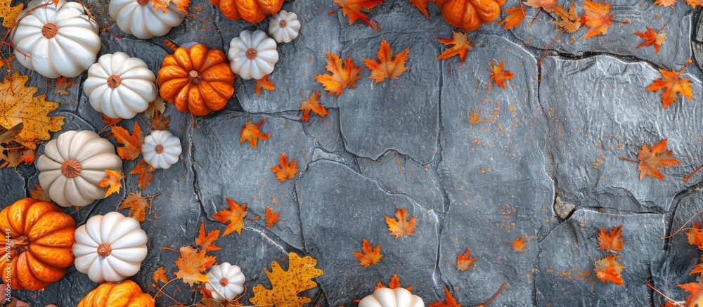 Aufkleber top view of orange and white pumpkins on a stone surface with a clear area in the middle for thanksg