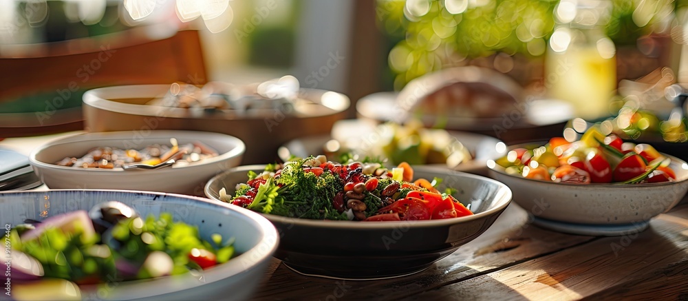 Poster A table set with plates of delicious food and bowls of fresh salad creating an appealing copy space image