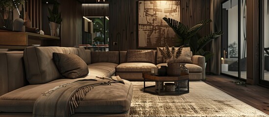 Stylish living area with a cozy couch featuring a copy space image