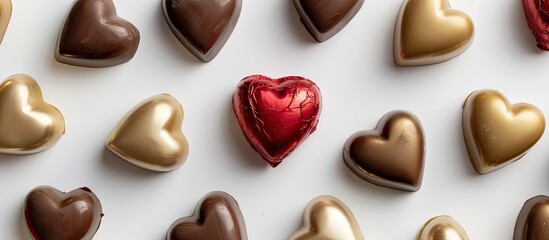 Fototapeta premium Valentine s Day themed chocolate treats with a heart shaped design in red and gold placed on a white backdrop A single red piece stands out among several golden ones adding charm to the copy space im