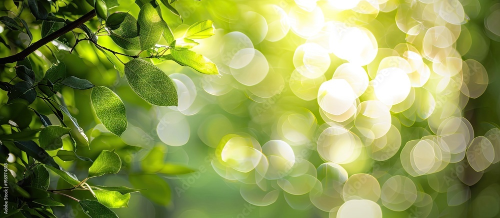 Poster the photograph captures a refreshing warm feeling with green and white circular bokeh around a tree 