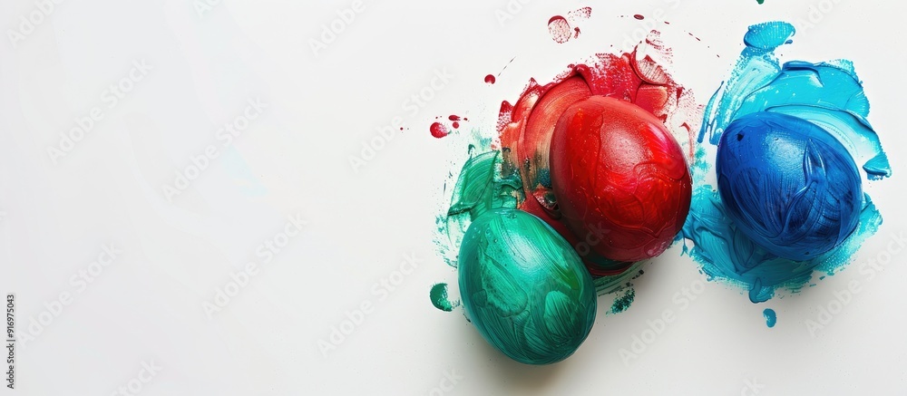 Poster gouache paint in red green and blue on white background ready for coloring easter eggs with text are