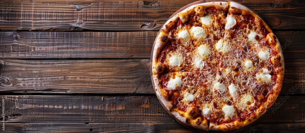 Poster top down view of a pizza with mozzarella and parmesan cheese on a wooden surface offering ample copy
