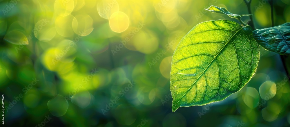 Poster scenic green leaf with soft focus green backdrop in a garden bathed in sunlight for a fresh wallpape
