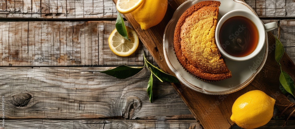 Poster Top view of a lemon cake placed on a rustic wooden surface next to a cup of coffee creating a cozy composition with copy space image