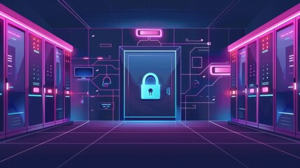 Computer Security Day. Padlock at the entrance to the server room. Secure internet connection. Cybersecurity and privacy concepts to protect data. Safe information exchange and data storage concept