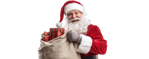 Cheerful Santa Claus holding a sack of gifts, ready to spread Christmas joy. Perfect depiction of holiday spirit and festive celebration.