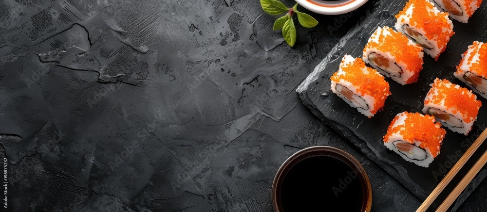 Poster top view of japanese crab meat mousse sushi with soy sauce on a stone board with chopsticks in a clo
