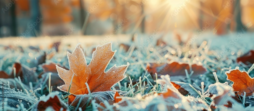 Fototapete vintage film filter adds a retro touch to the autumn background featuring frosted leaves in grass cr