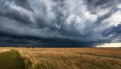 Dramatic storm clouds over an open field-_A vast, open field under a sky filled with dark
