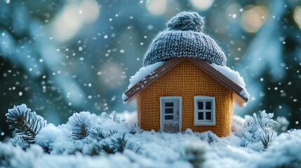 Naklejka premium house in winter heating system concept and cold snowy weather with model of a house wearing a knitted cap : Generative AI