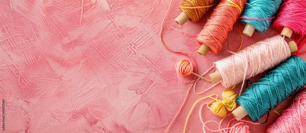 Poster A vibrant mockup with various threads on a pink textured surface for needlework projects featuring a copyspace image