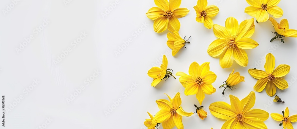 Poster yellow flowers arranged on a white surface symbolizing summer and autumn in a flat lay style with a 