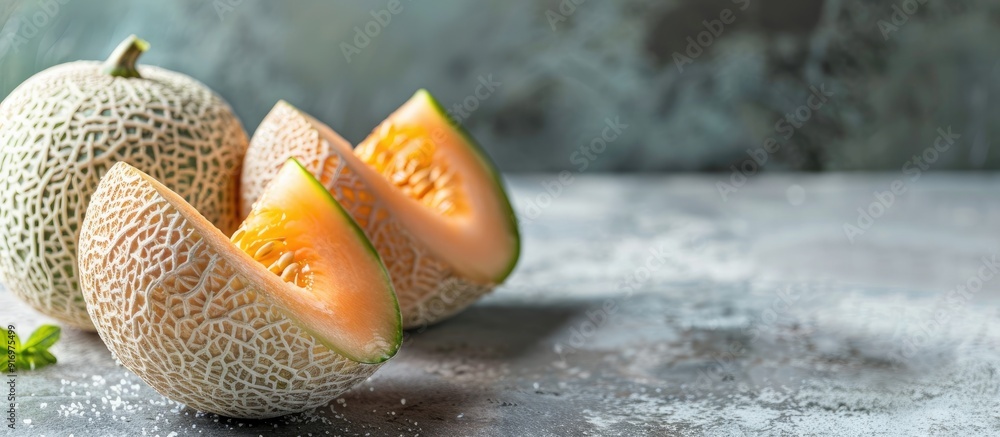 Poster Fresh Charentais melon a sweet fruit suitable for dessert or a snack elegantly displayed on a table with a food background allowing for copy space image