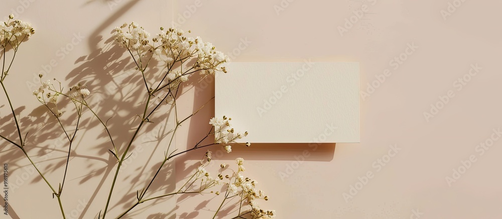 Leinwandbilder minimalistic business card template featuring mockup copy space image with gypsophila flowers on a b