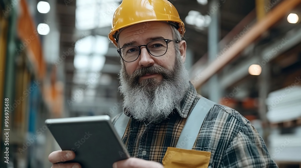 Fototapete Mature bearded man on construction site Engineer in uniform and glasses holds tablet background of workflow An employee notes something in his gadget in workshop Diversity of proffesio : Generative AI