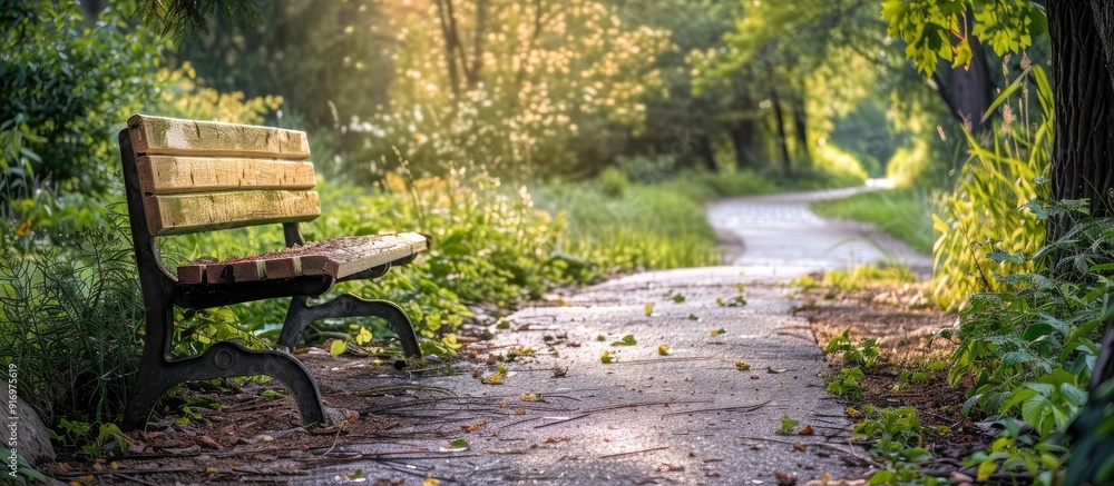 Poster park bench on a pathway with a copy space image