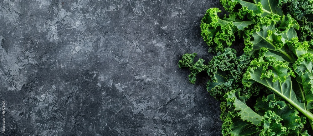 Fototapete table with grey background showcasing fresh kale leaves in a flat lay arrangement providing a blank 