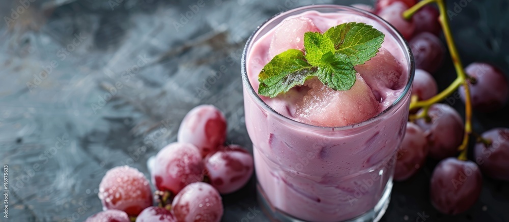 Poster Refreshing grape and yogurt smoothie garnished with slices of grapes and mint leaves featuring copy space image