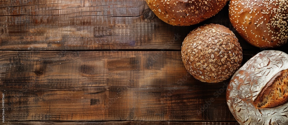 Poster overhead shot of diverse homemade multigrain bread loaves on a wooden surface with a blank space for