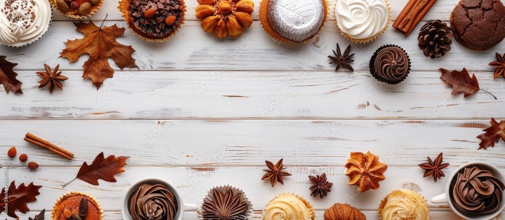 Aufkleber table scene featuring a variety of classic autumn desserts arranged along the side border on a white
