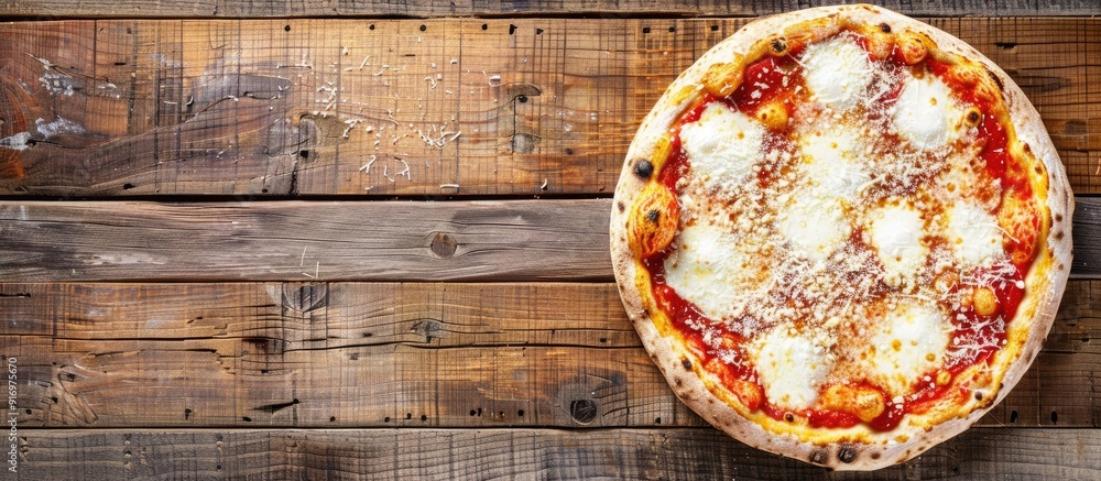 Poster top down view of a pizza with mozzarella and parmesan cheese on a wooden surface offering ample copy
