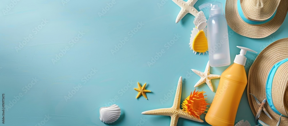 Poster Top view of sunblock bottles and beach gear on a light blue backdrop with room for text features a copy space image
