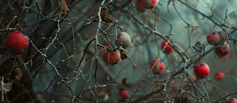 Poster Tree branches adorned with decaying apples providing a copy space image