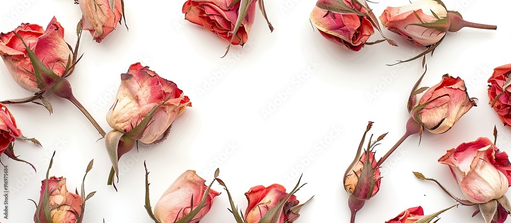 Poster roses drying with copy space image on a white backdrop