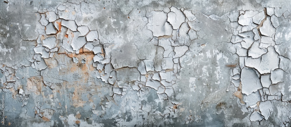 Poster Old weathered concrete wall adorned with cracked and peeling paint creating a grunge texture ideal for background and design purposes with a high resolution copy space image available