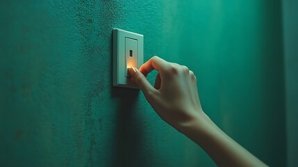 Closeup of Asian female right hand is turning on or off on grey light switch over green wall Copy space : Generative AI