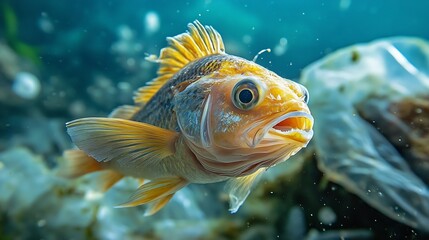Fototapeta premium Comber perch fish dead eating plastic rubber disposal glove trash on a debris contaminated sea habitatNature pollution : Generative AI