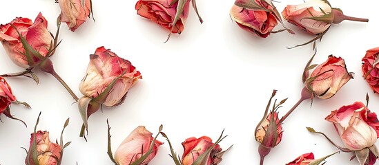 Roses drying with copy space image on a white backdrop