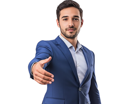 Confident businessman extending hand for handshake wearing suit isolated on white background. Business agreement and partnership concept.