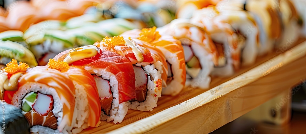 Poster japanese sushi rolls arranged appetizingly on a wooden tray perfect as a copy space image for a rest